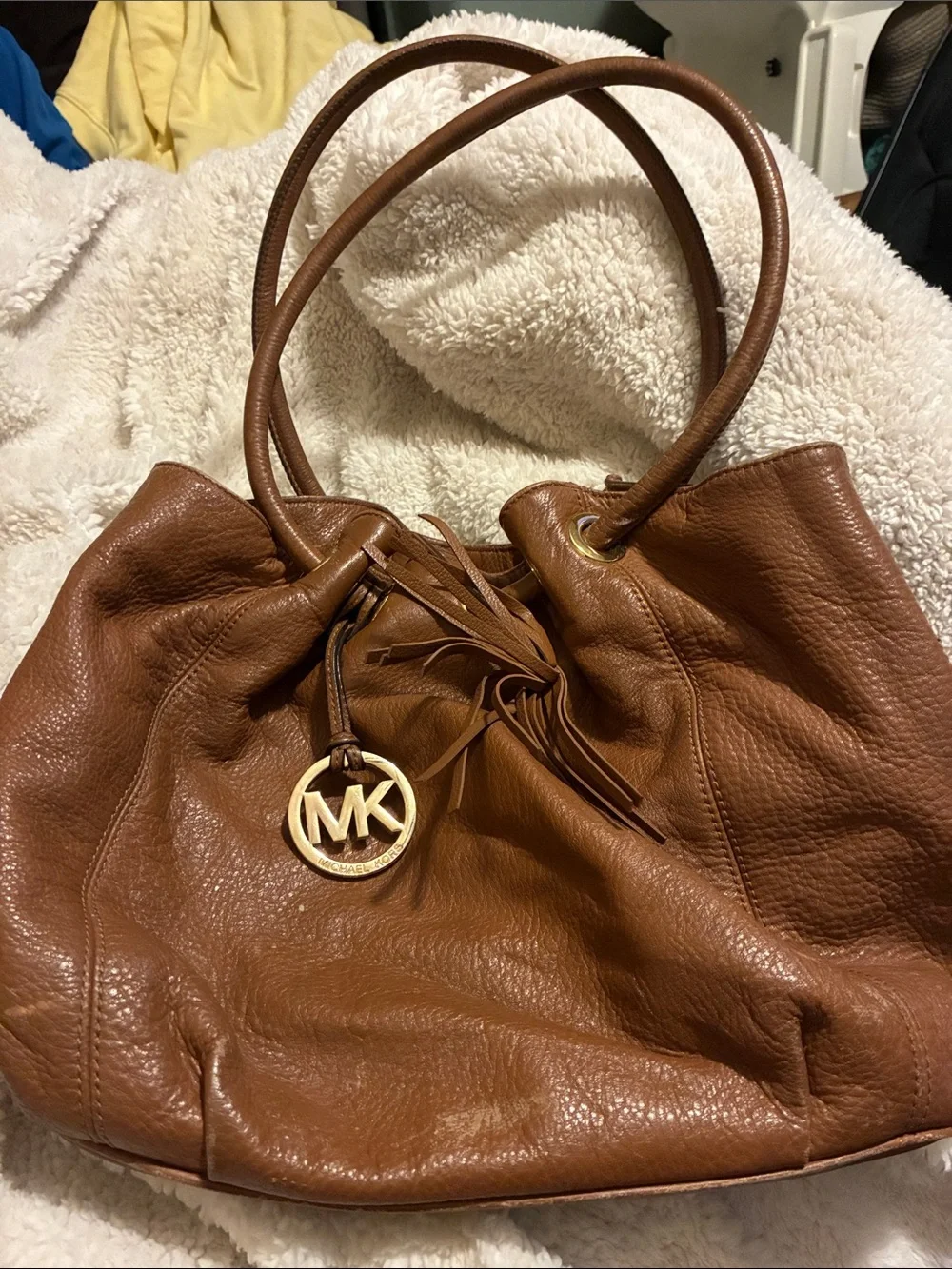 Michael Kors Cognac Pebbled Leather Shoulder Tote with MK Charm